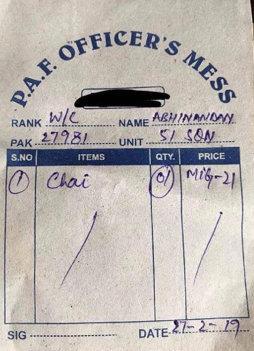 Pakistani Army Mess Receipt For Tea For Indian Pilot Whose Mig Was