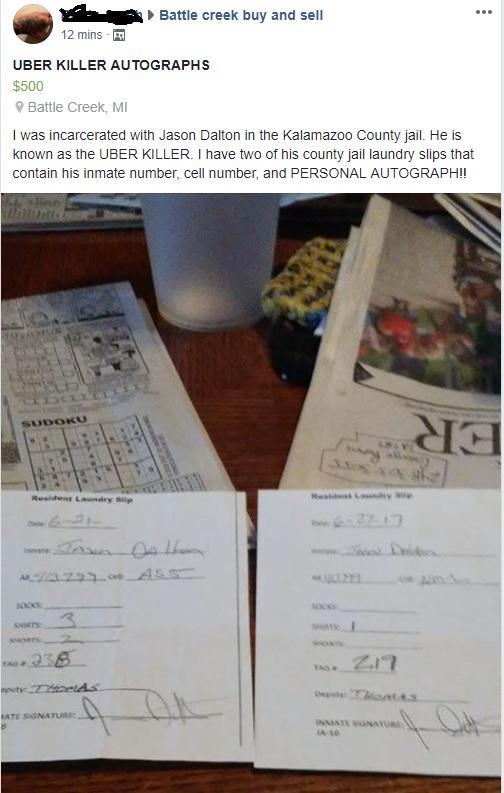 This Guy Trying To Sell Signed Prison Laundry Receipts From The Uber