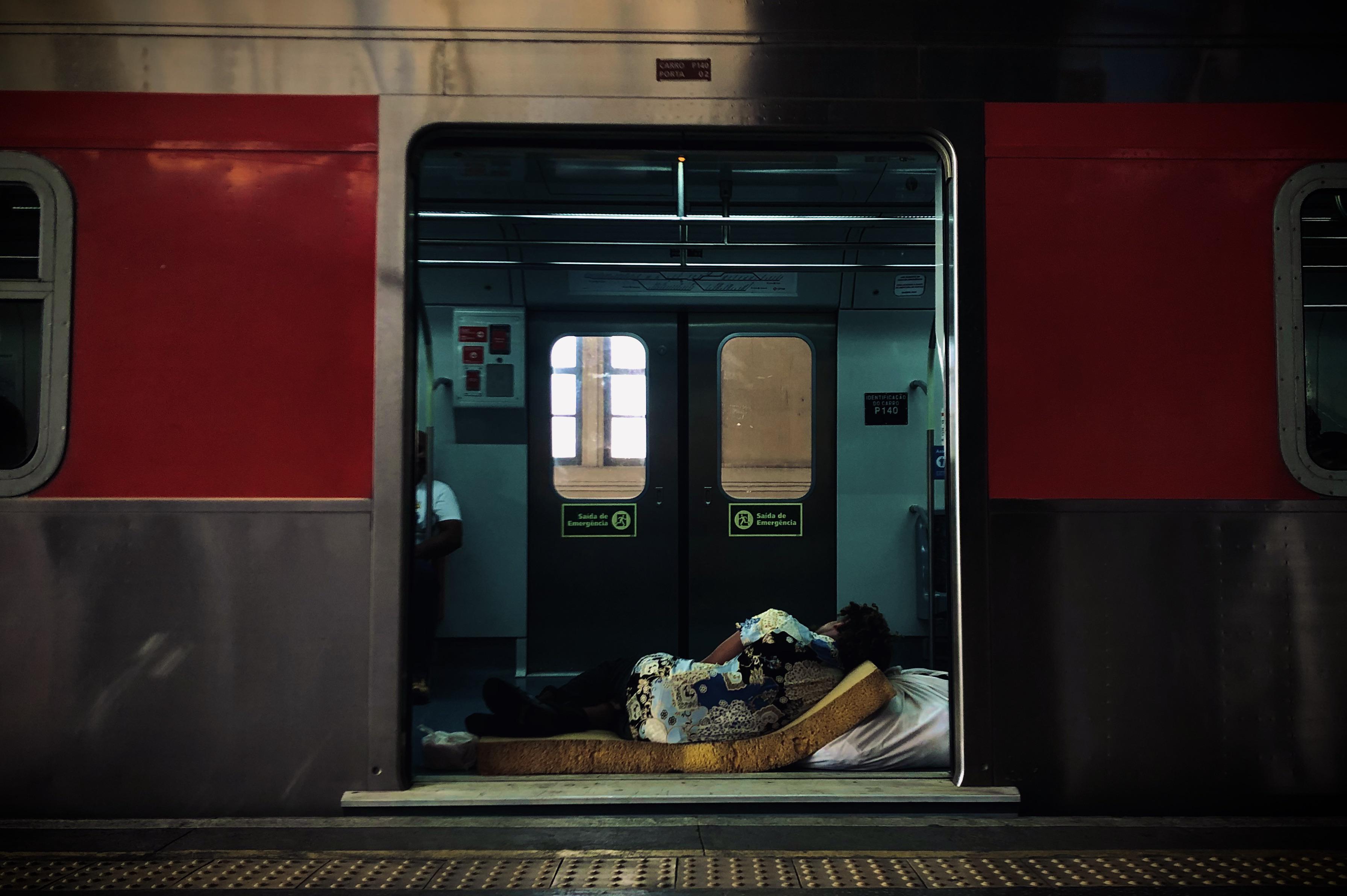 A homeless sleeping inside of a train in São Paulo Brazil Shot on