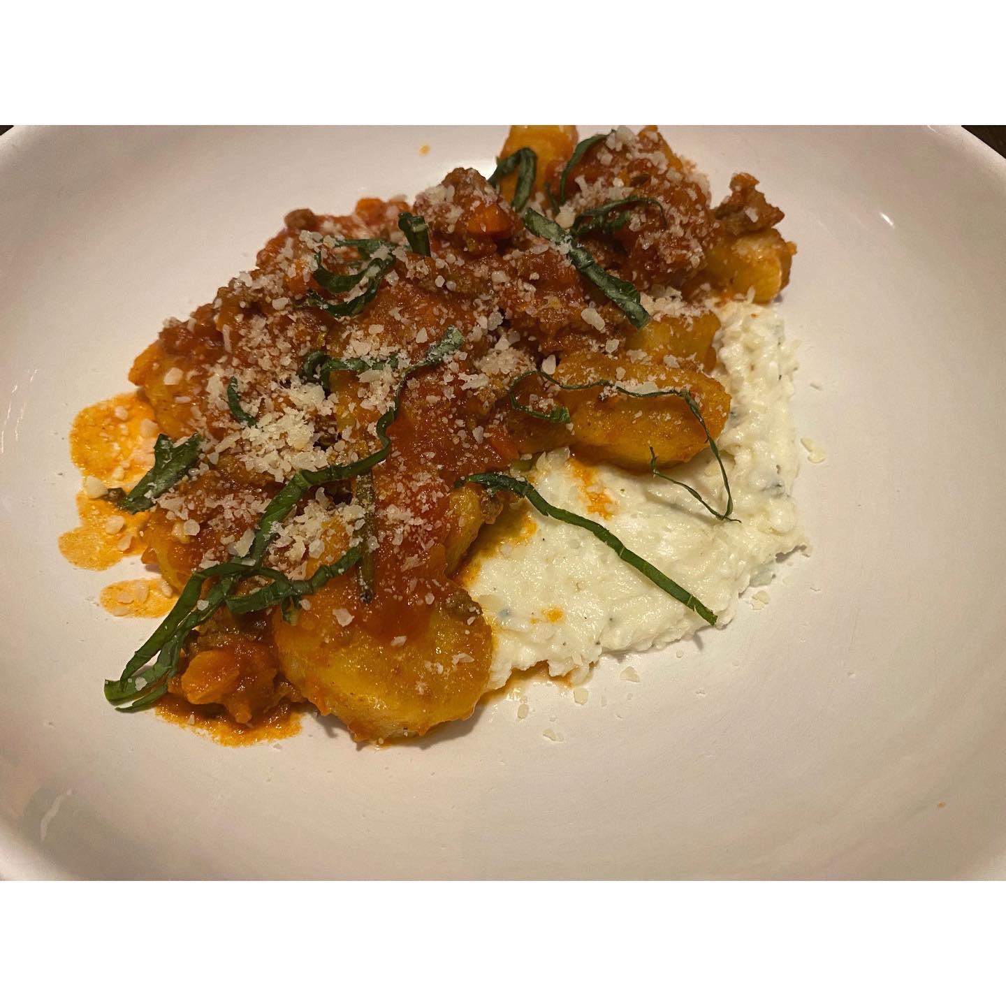 Crispy Potato Gnocchi With Bolognese Whipped Ricotta With Fresh Basil