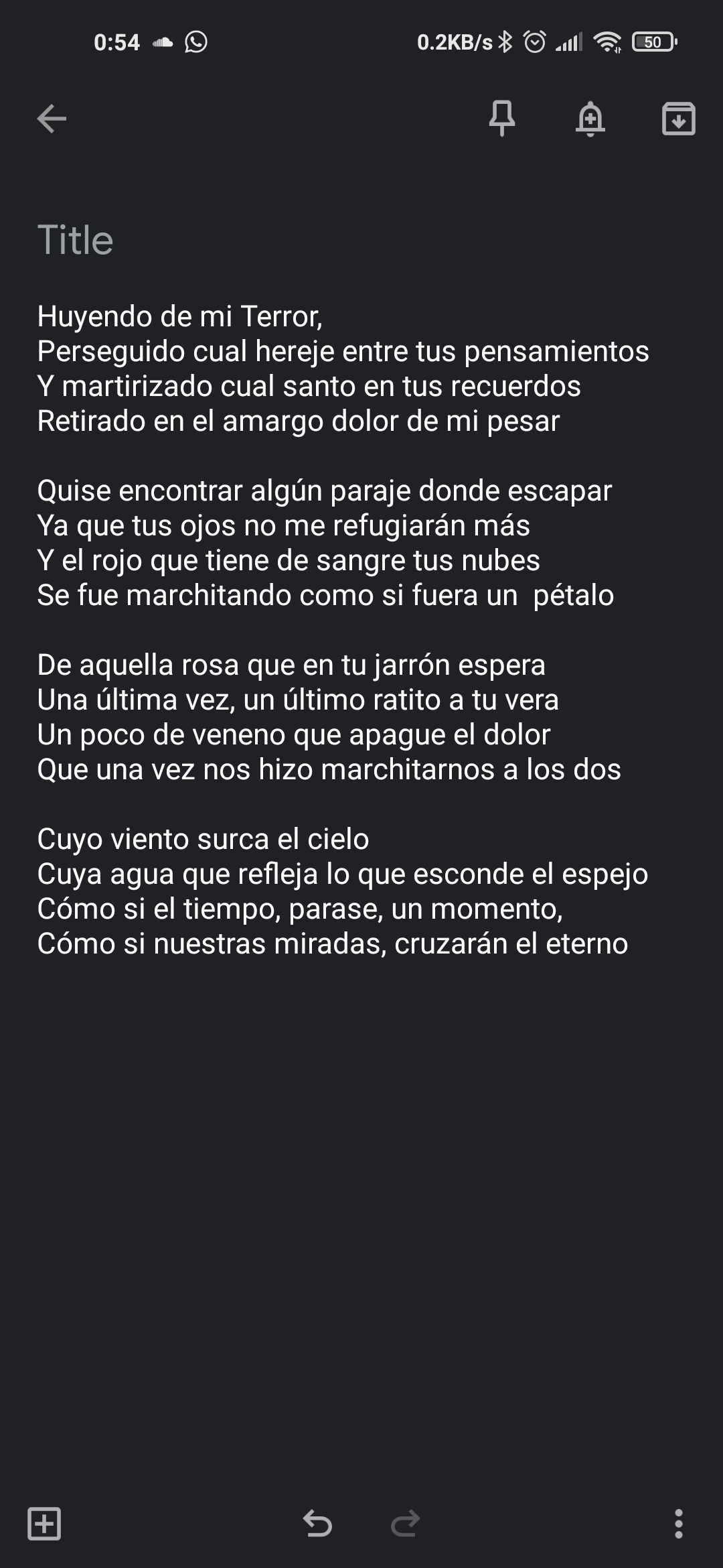 Es un poema que escribí hace tiempo no le puse título Espero que os