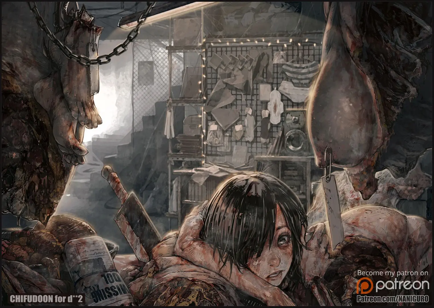 Guro anime art by Chifudoon of a naked slim asian woman cowering in a bloody slaughterhouse