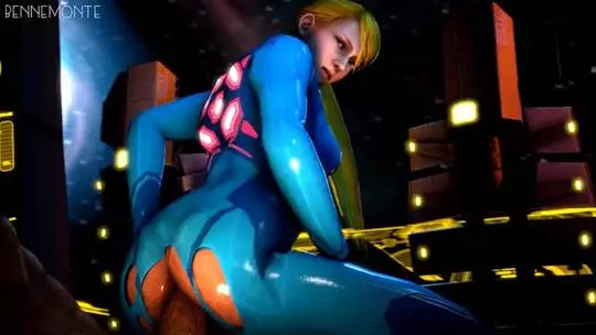 Samus Aran from Metroid in anime fan art, featuring her blonde ponytail, Zero Suit, and nude poses.