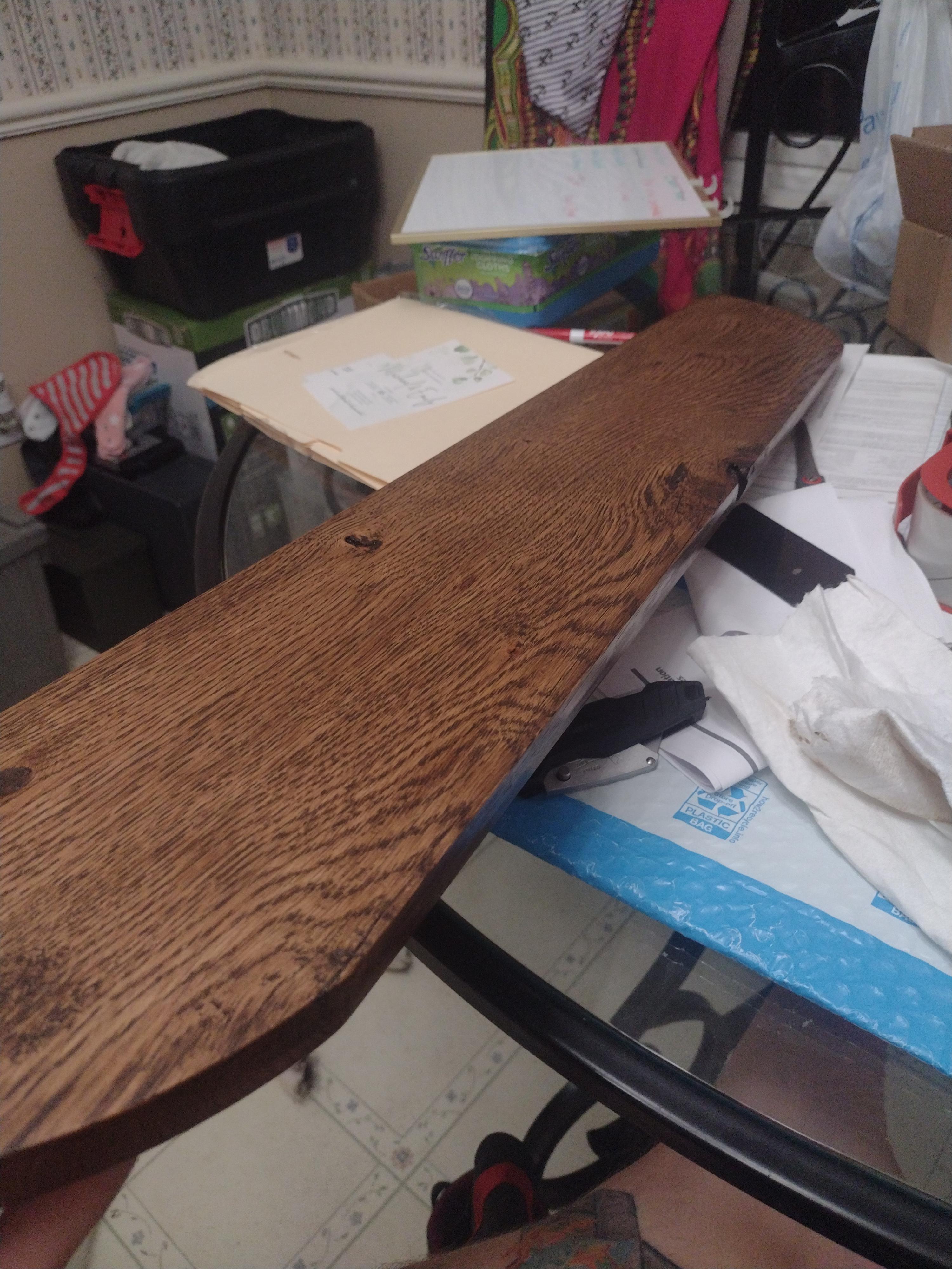 A simple shelf, white oak, mahogany stain, shellac, paste wax Scrolller