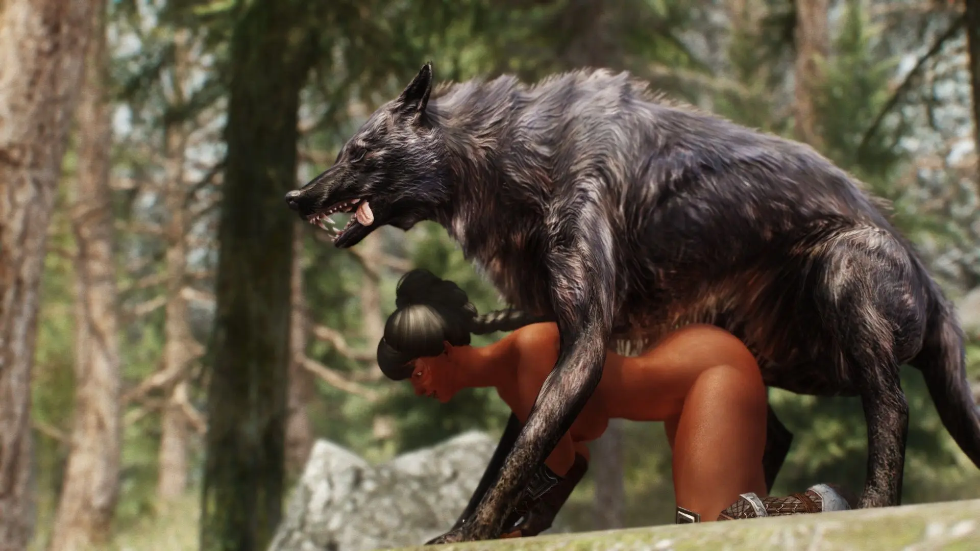 Busty brunette in fantasy armor being attacked by a feral wolf in a forest, monster on human, 3d