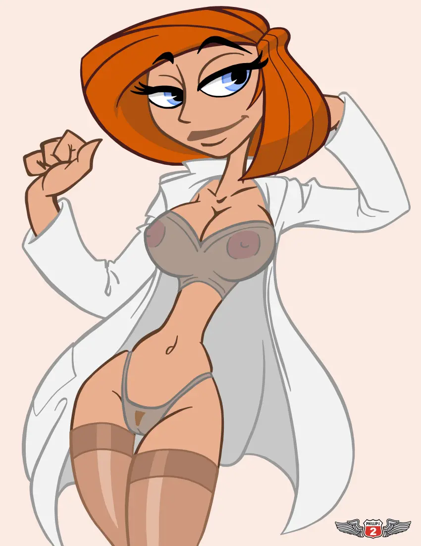 Ann Possible fan art featuring a busty redhead in lingerie, a lab coat, and naked poses.