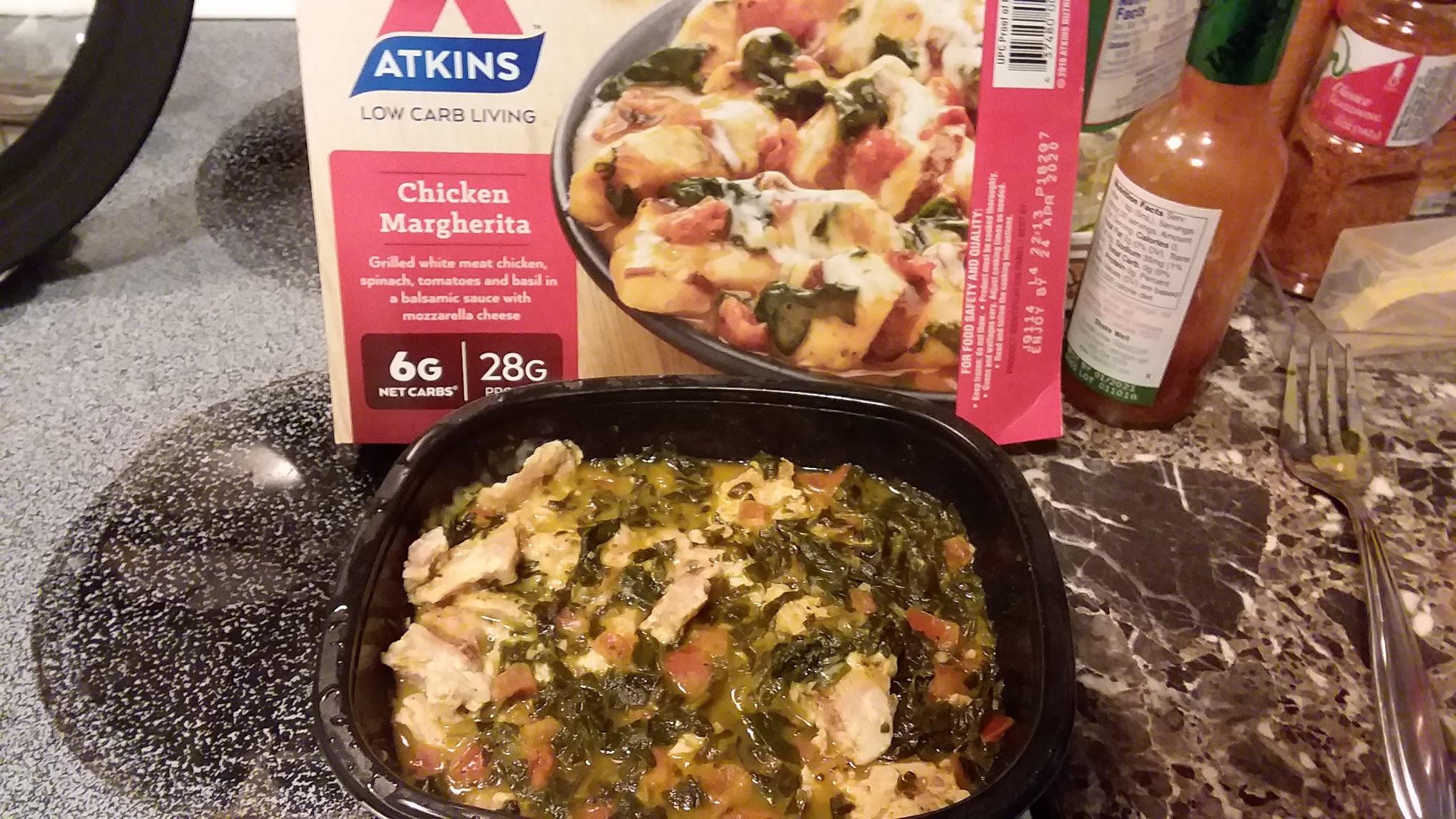 Atkins Chicken Margherita. It was OK, a little salty, not too bland