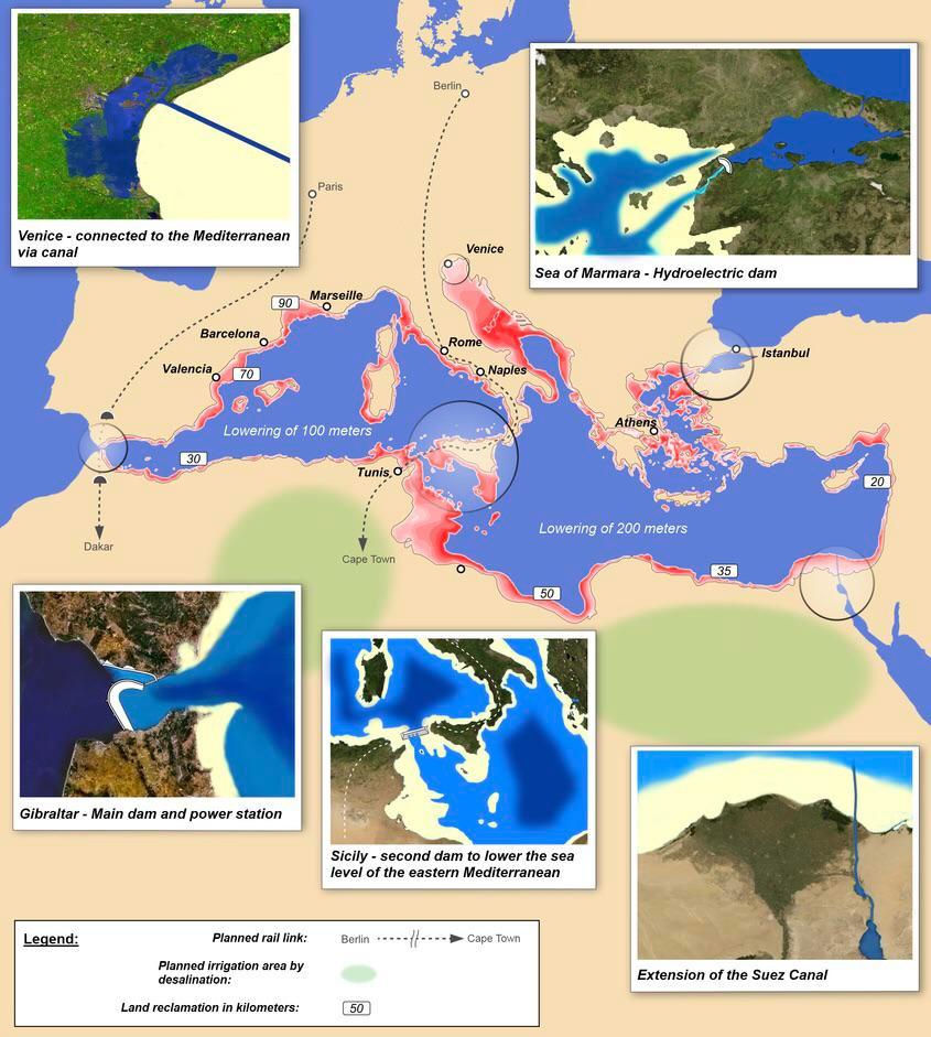 Atlantropa, A plan to Dam the Mediterranean by German architect Herman ...