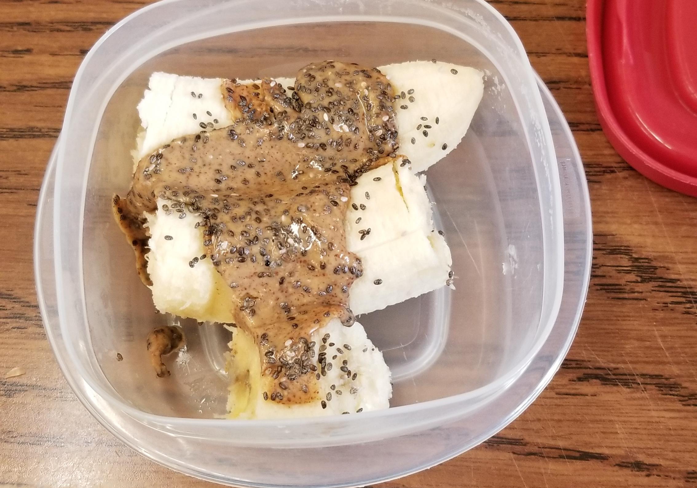 Banana, almond butter, chia... Looks like dog poop on a banana with