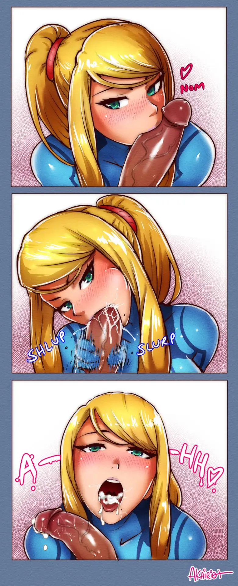 Samus Aran from Metroid in anime fan art, featuring her blonde ponytail, Zero Suit, and nude poses.