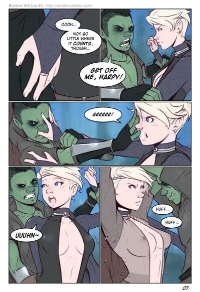 Orc man and blonde human femboy in a fight and sexual encounter from Broken Hilt Inn 3 by Vanilla-Cookies