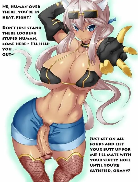 Futanari and femdom anime panels with busty women, a male slut, and explicit captions