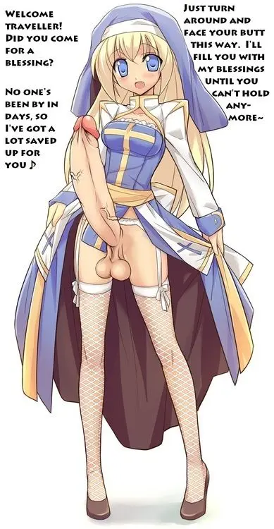 Futanari and femdom anime panels with busty women, a male slut, and explicit captions
