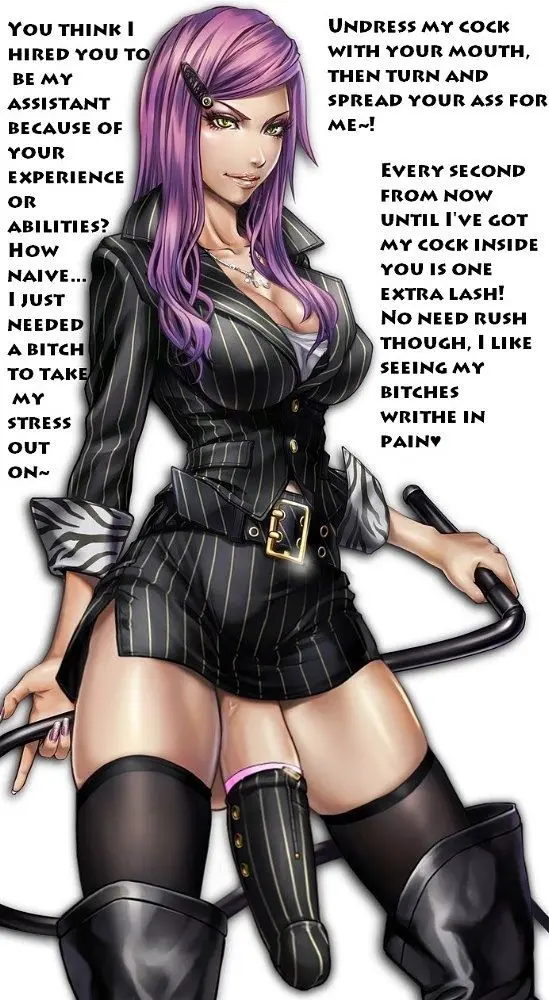 Futanari and femdom anime panels with busty women, a male slut, and explicit captions