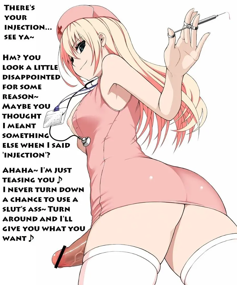 Futanari and femdom anime panels with busty women, a male slut, and explicit captions