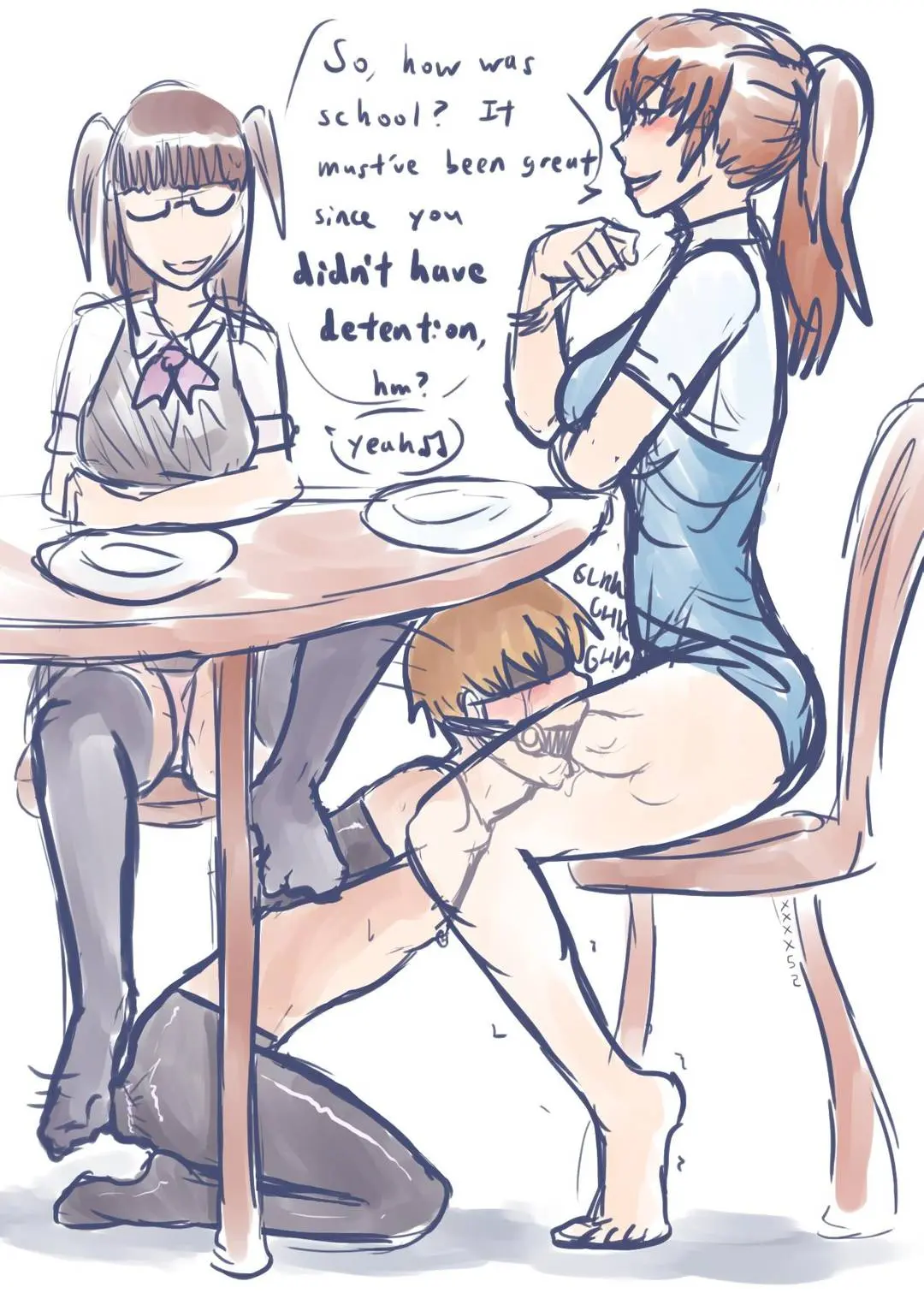 Futanari and femdom anime panels with busty women, a male slut, and explicit captions