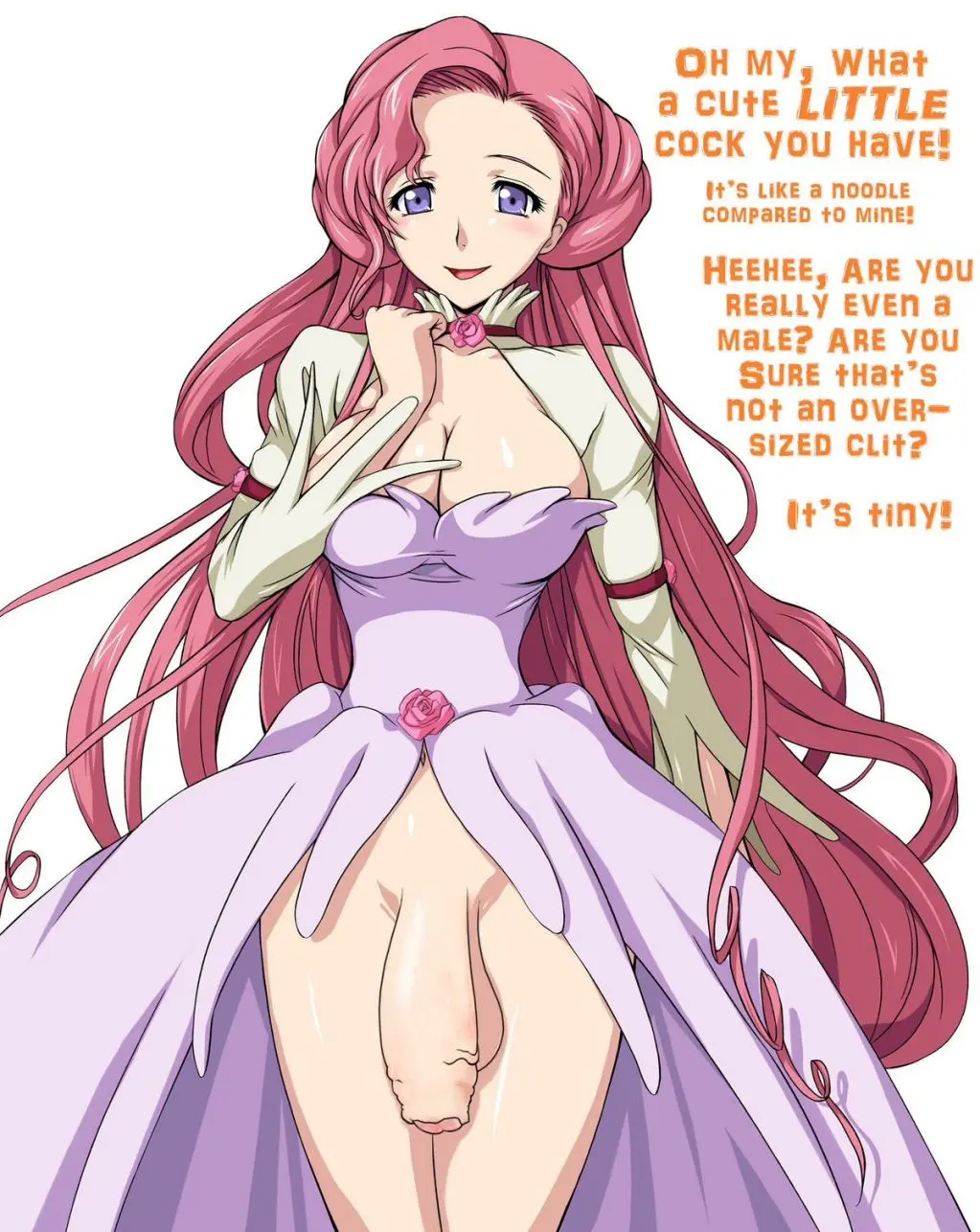 Futanari and femdom anime panels with busty women, a male slut, and explicit captions