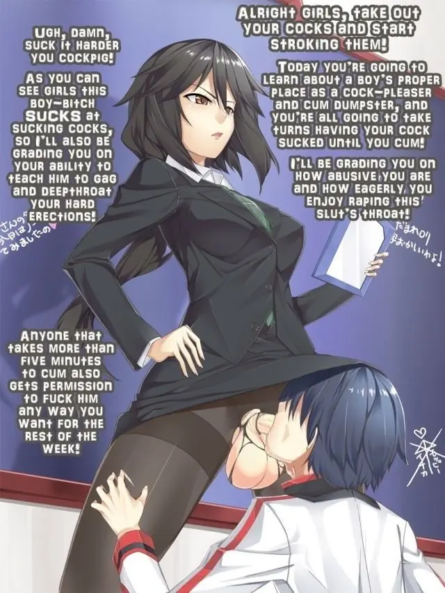 Futanari and femdom anime panels with busty women, a male slut, and explicit captions