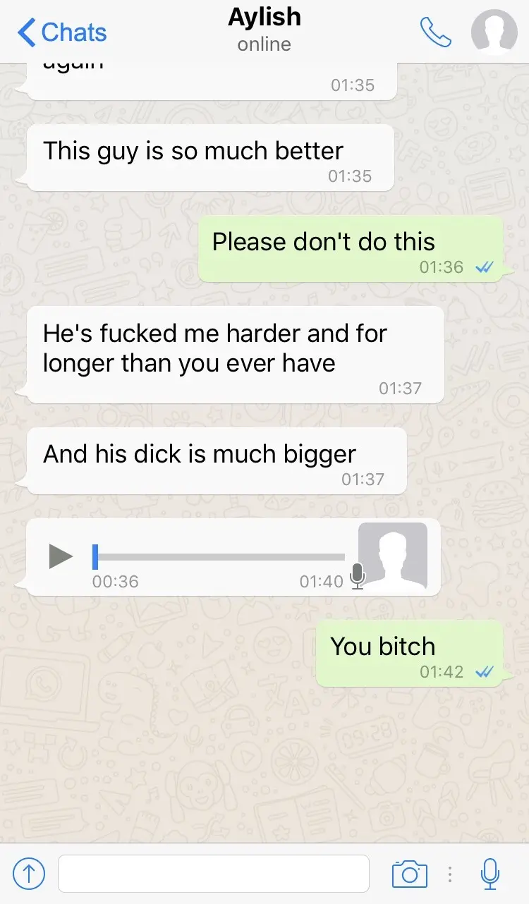 Cheating slut texts and a photo of a slim brunette woman and man kissing indoors