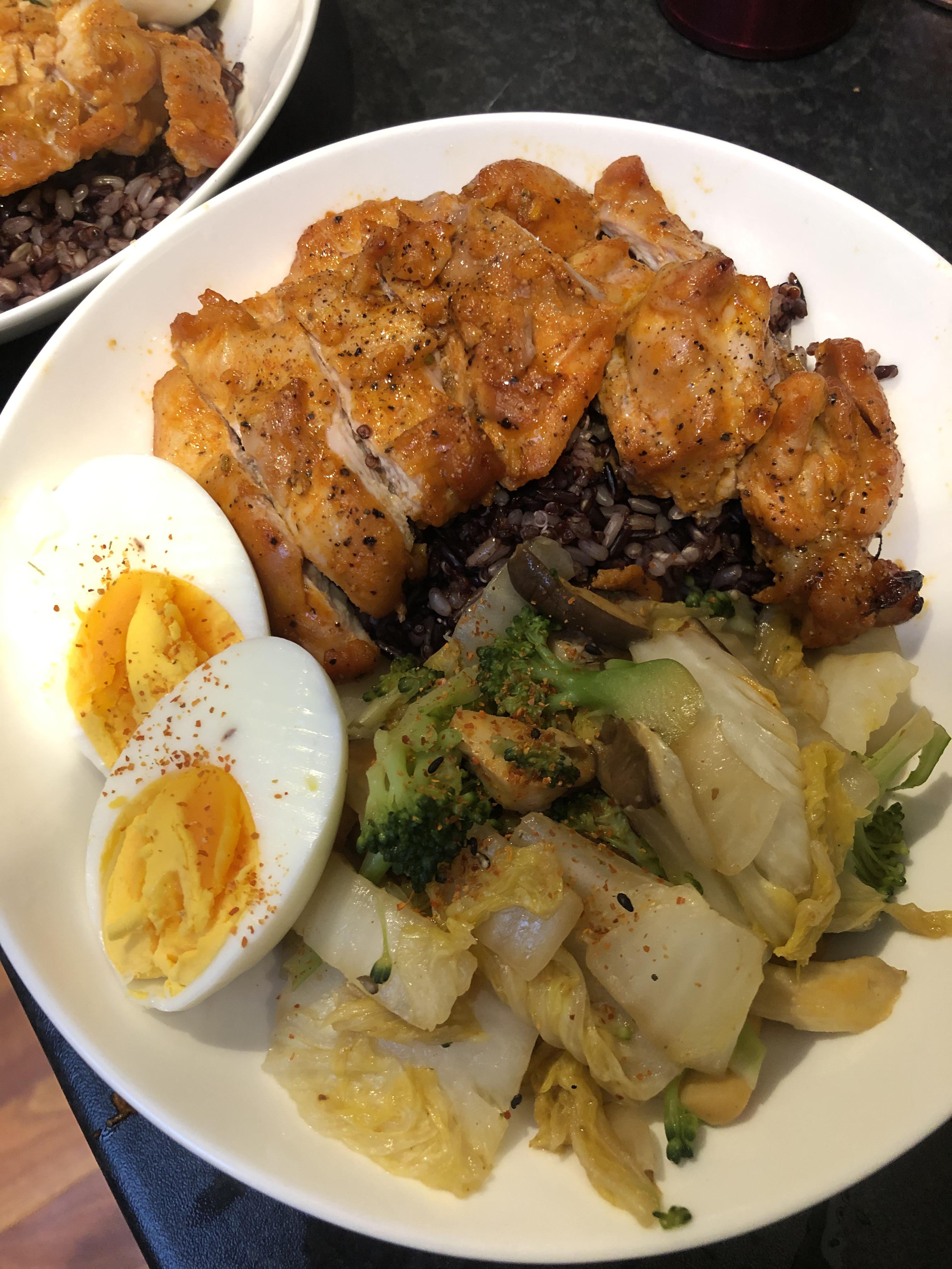 Chicken thighs marinated w/ gochujang, honey and sesame oil. Nappa