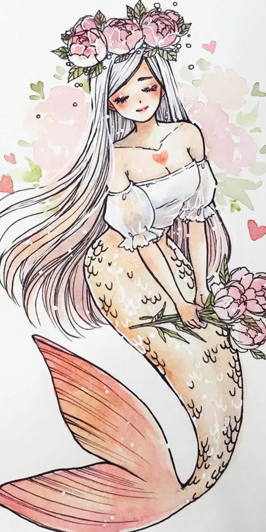 Anime mermaid with long silver hair, a flower crown, and a white off-the-shoulder top holding pink flowers