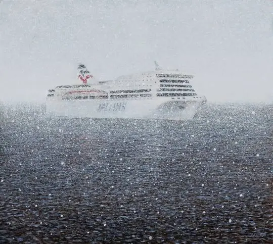 Fine art oil painting by Dace Liela of a Tallink cruise ship sailing through a heavy snowstorm on a dark sea
