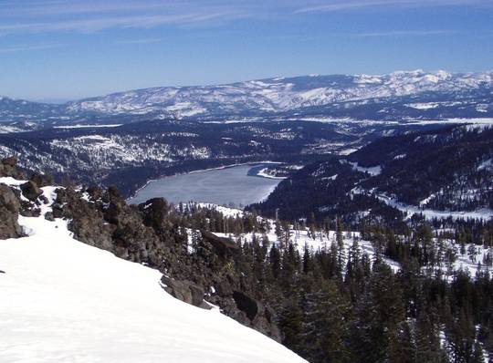 Donner Memorial State Park preserves the site of the Donner Camp, where members of the ill-fated Donner Party were trapped by weather during the winter of 1846–1847. — view of Donner Lake (by Flickr user "NileGuide.com") (near Truckee, Nevada County) [1,024 x 755]