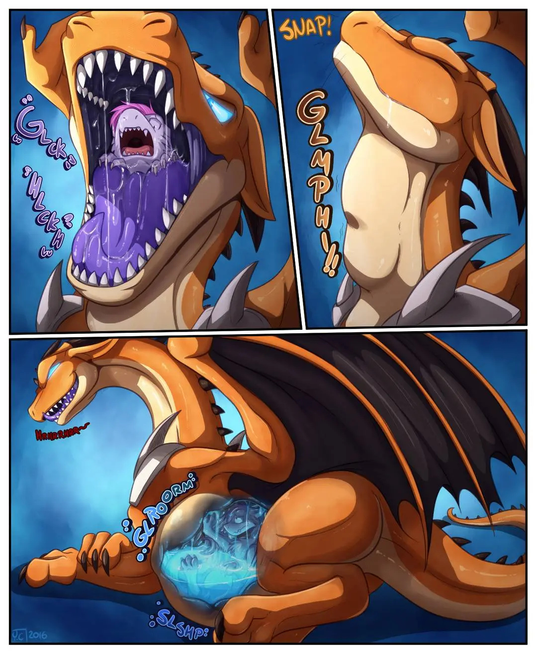 Furry oral vore comic of a large orange dragon swallowing a smaller purple dragon, showing a stomach bulge.
