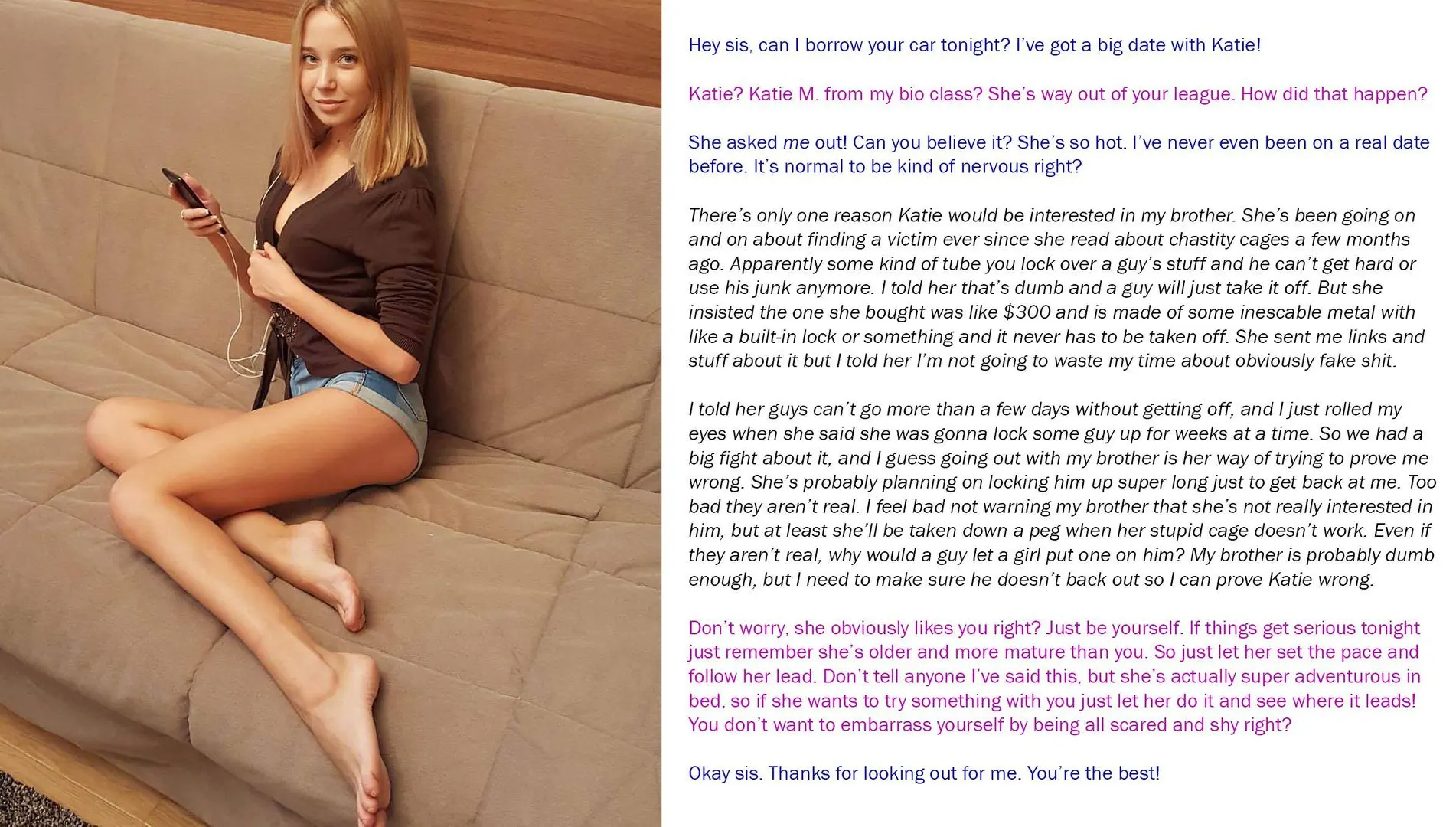 Blonde woman in a brown crop top and shorts sitting on a bed with a male chastity caption overlay.