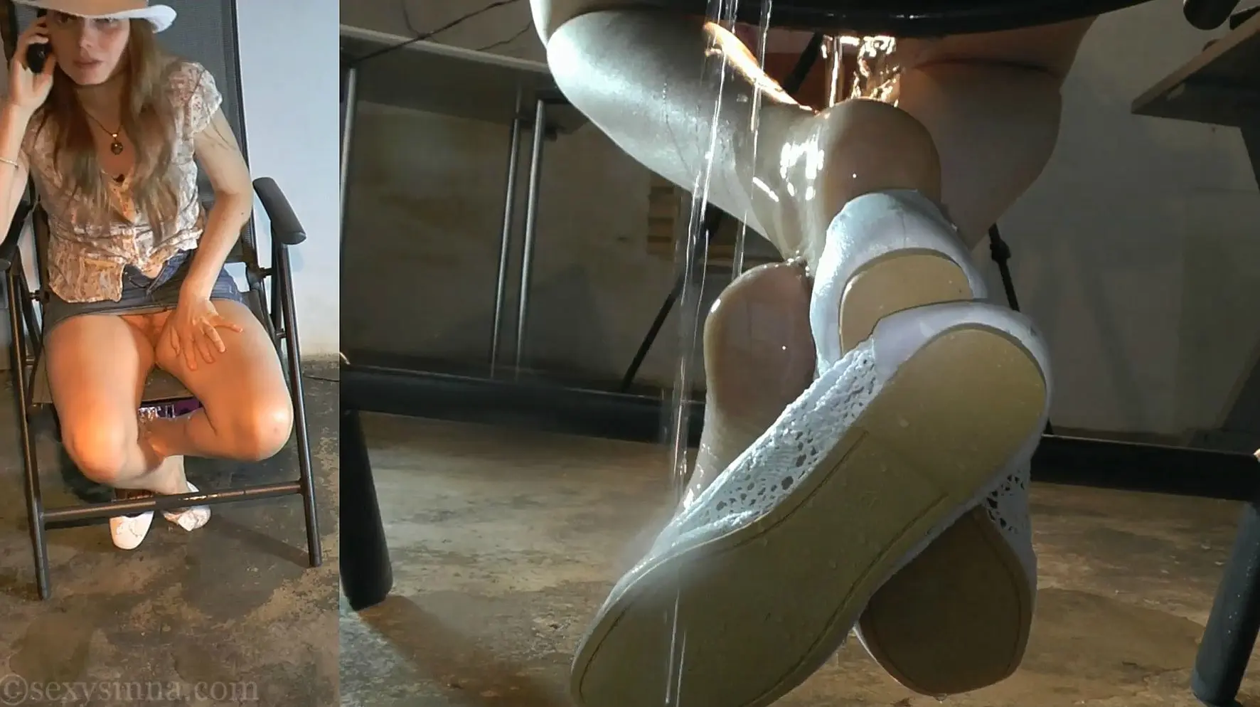 Blonde woman in a white hat and lace top having a peeing accident while sitting in a chair, focusing on her feet and soles.