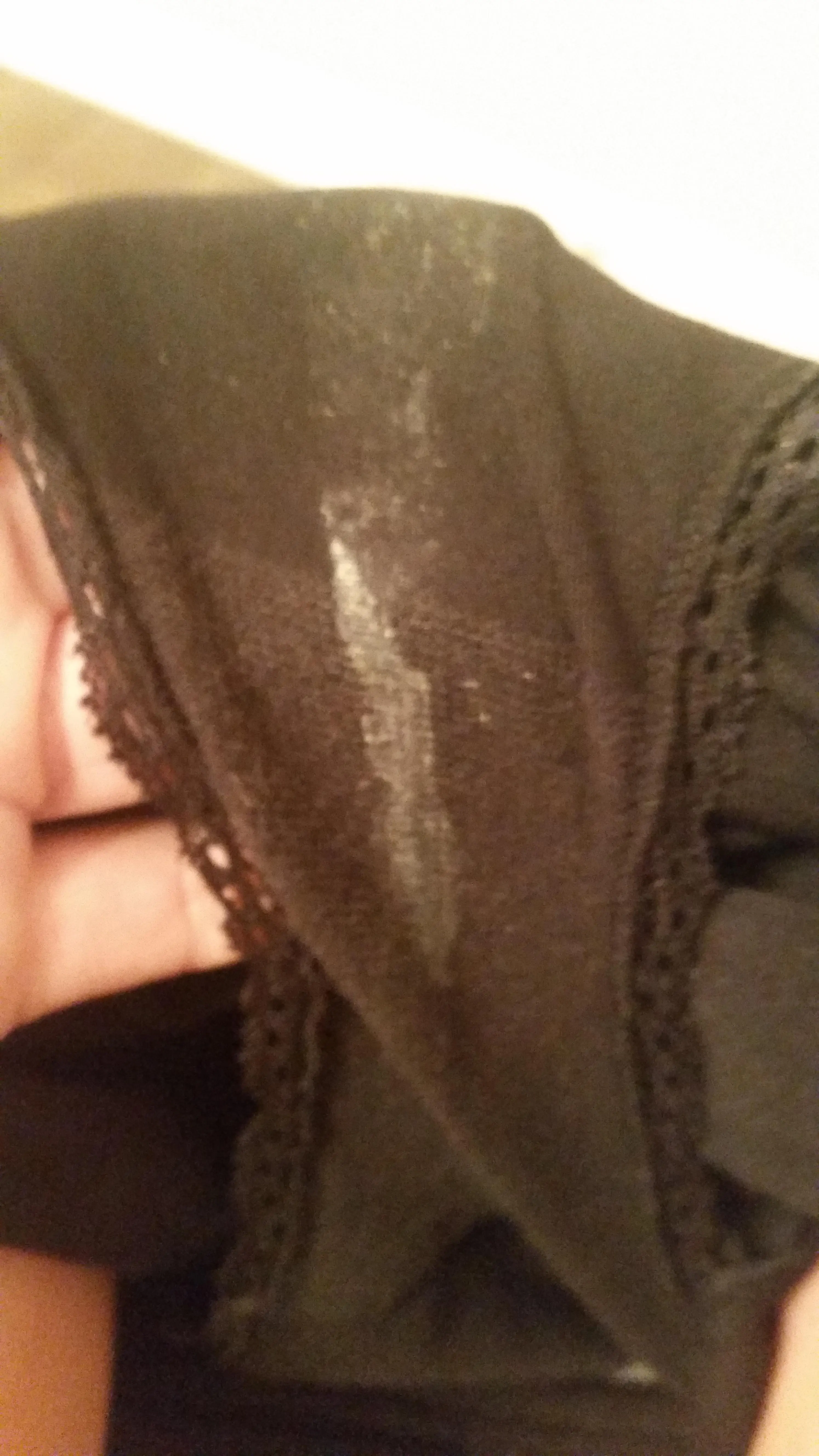 Woman showing dirty panties with wet panty nectar and underwear marks on the gusset