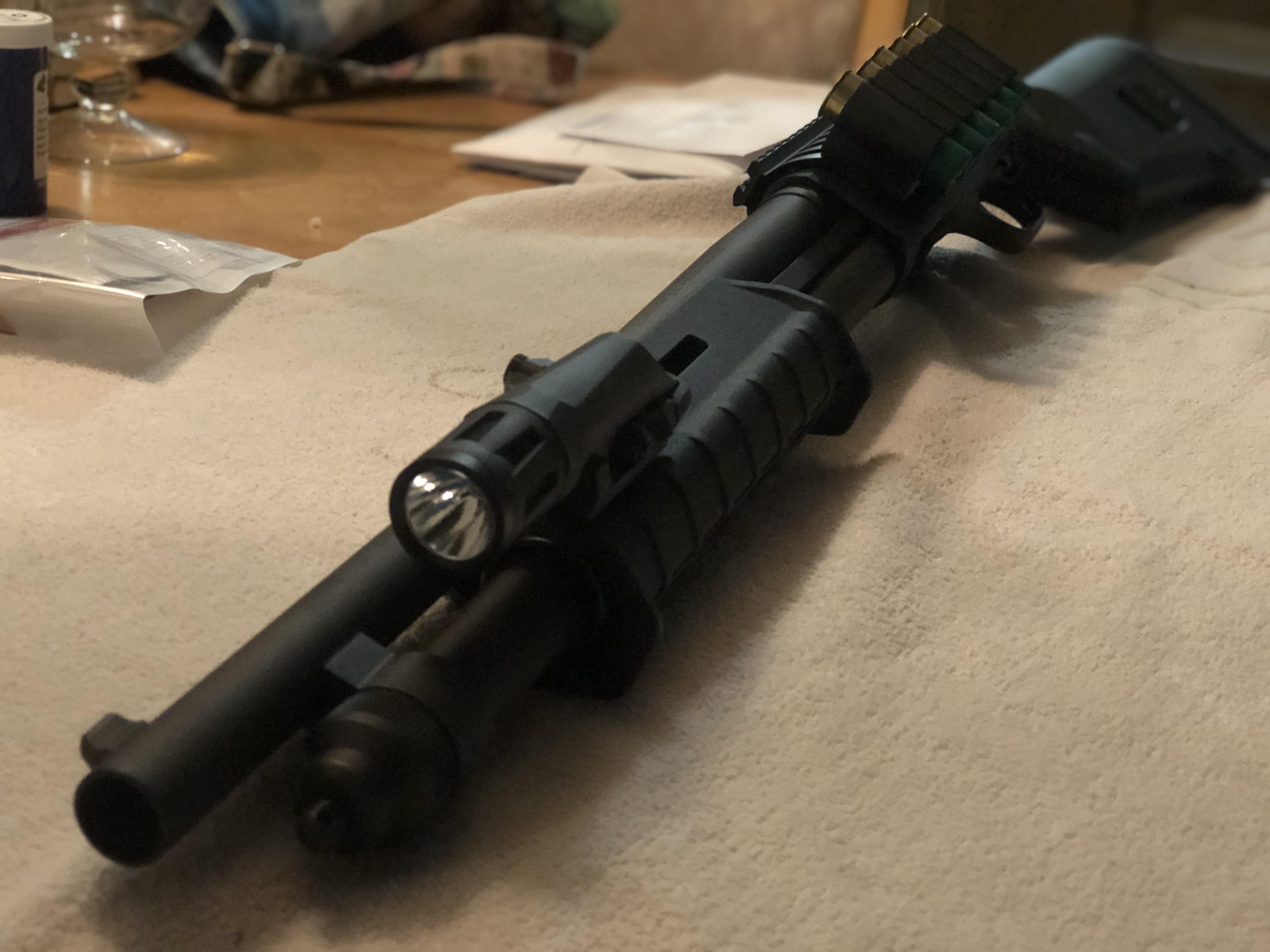 Finished. Mossberg 590 w/ Magpul SGA stock + forend, ATI Side Saddle w/ Pic Rail, InForce WMLx