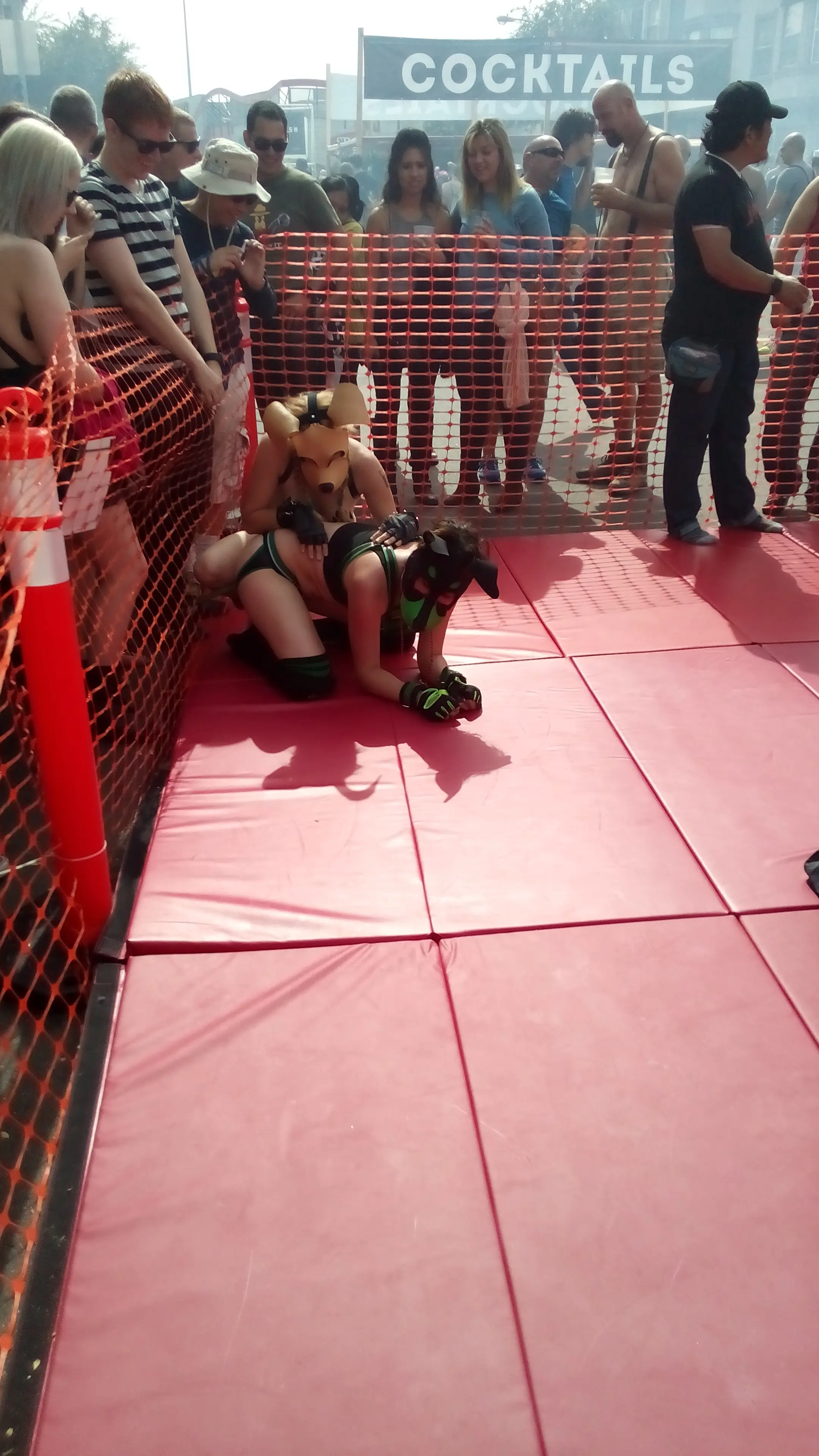 Kato and Pepper in pup play gear and masks at the Folsom Street Fair, including a man in a tiger costume.