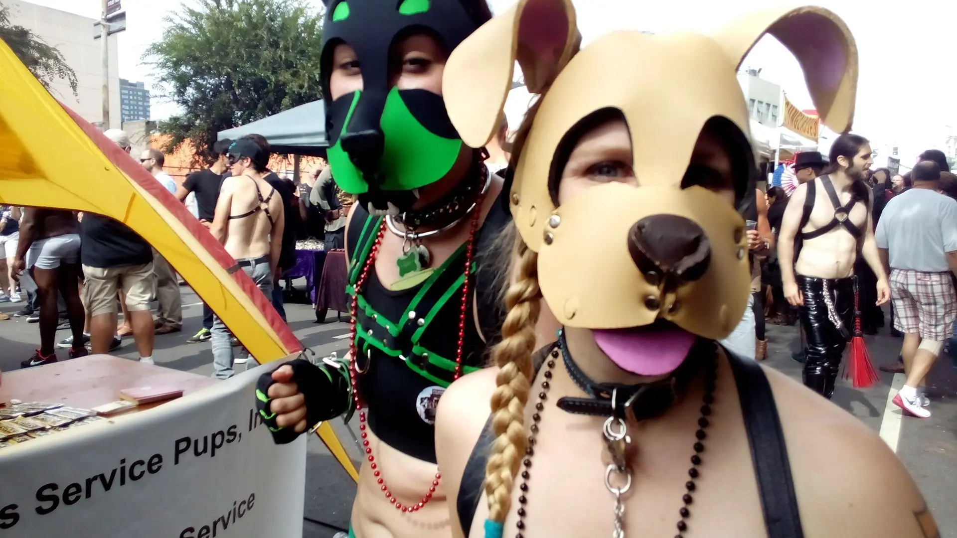 Kato and Pepper in pup play gear and masks at the Folsom Street Fair, including a man in a tiger costume.