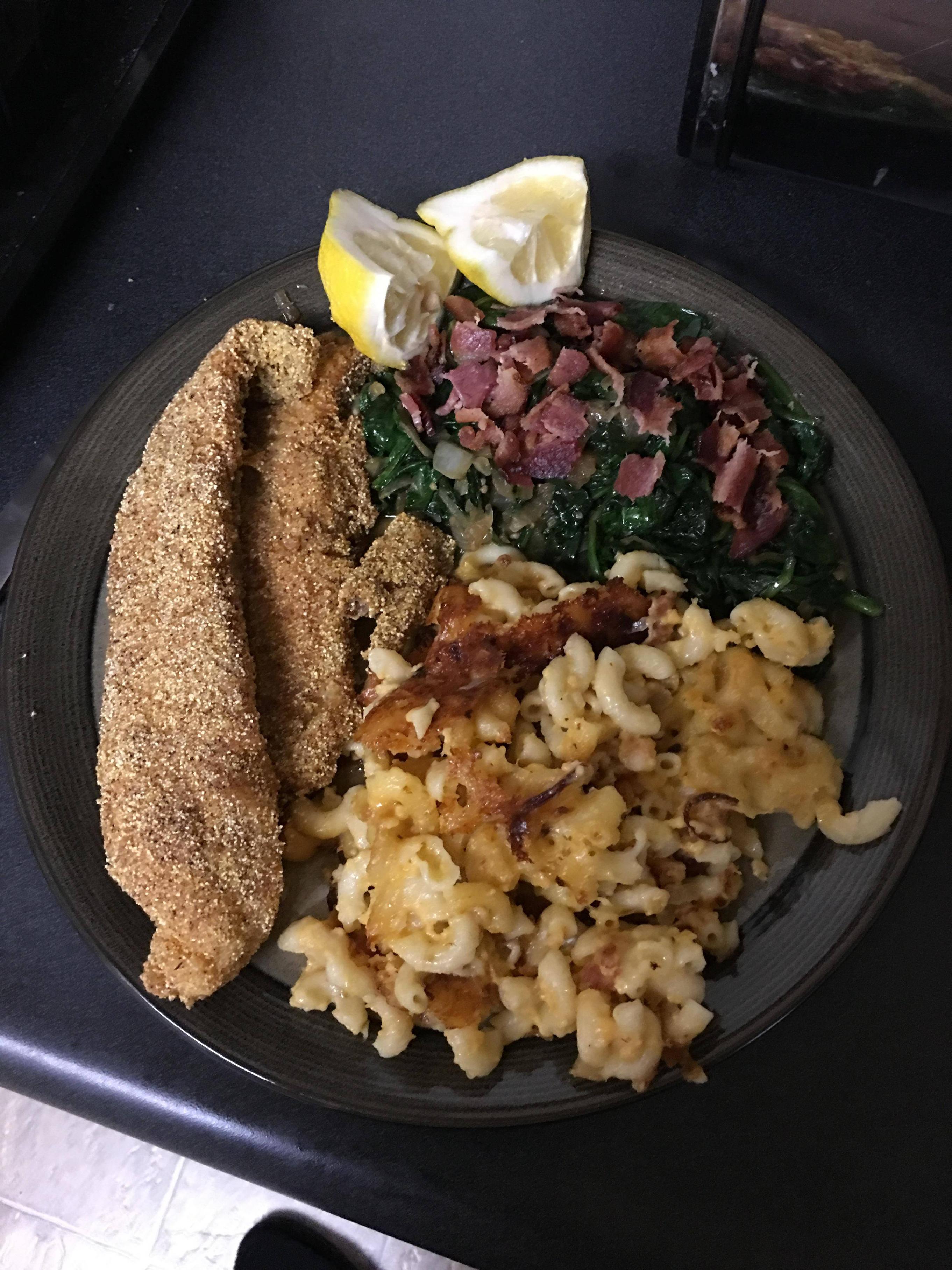 Fried catfish, bacon spinach Southern style, homemade mac n cheese! As