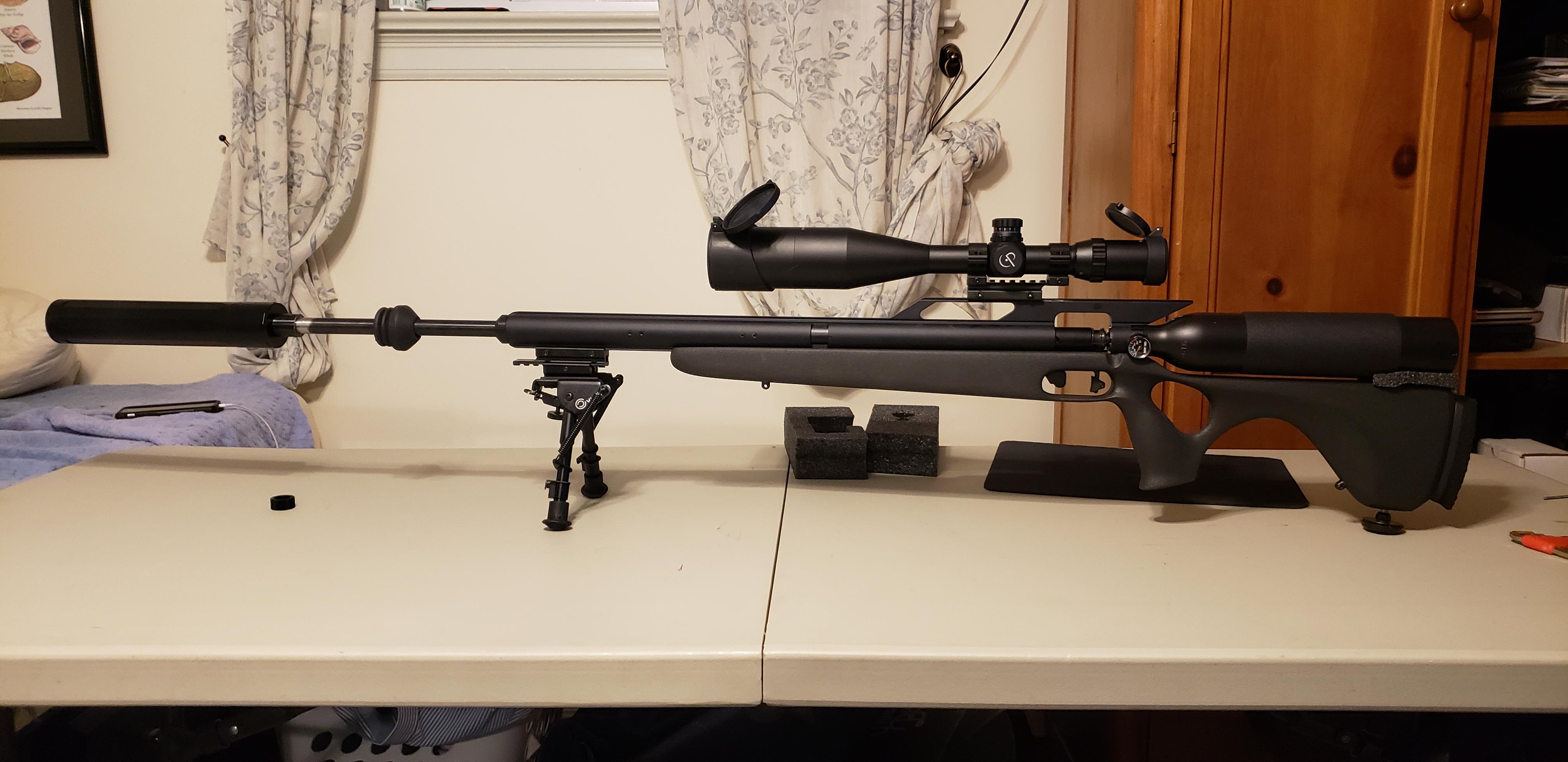 FS Airforce Texan 45 Cal rifle with suppressor, maddog stock, CP long