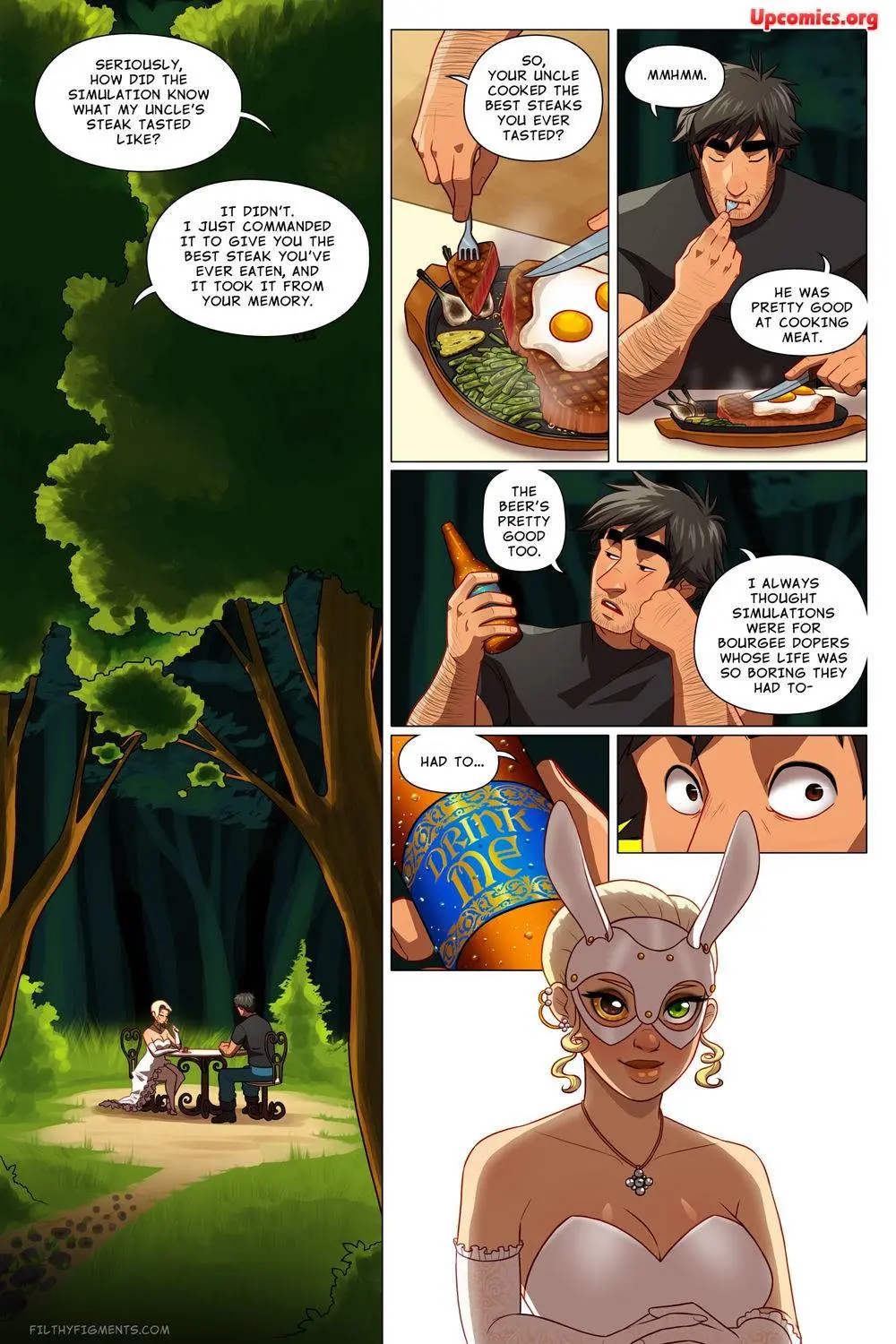 Gutsy comic featuring a muscular man shrunk and dominated by a busty catgirl and rabbit-woman