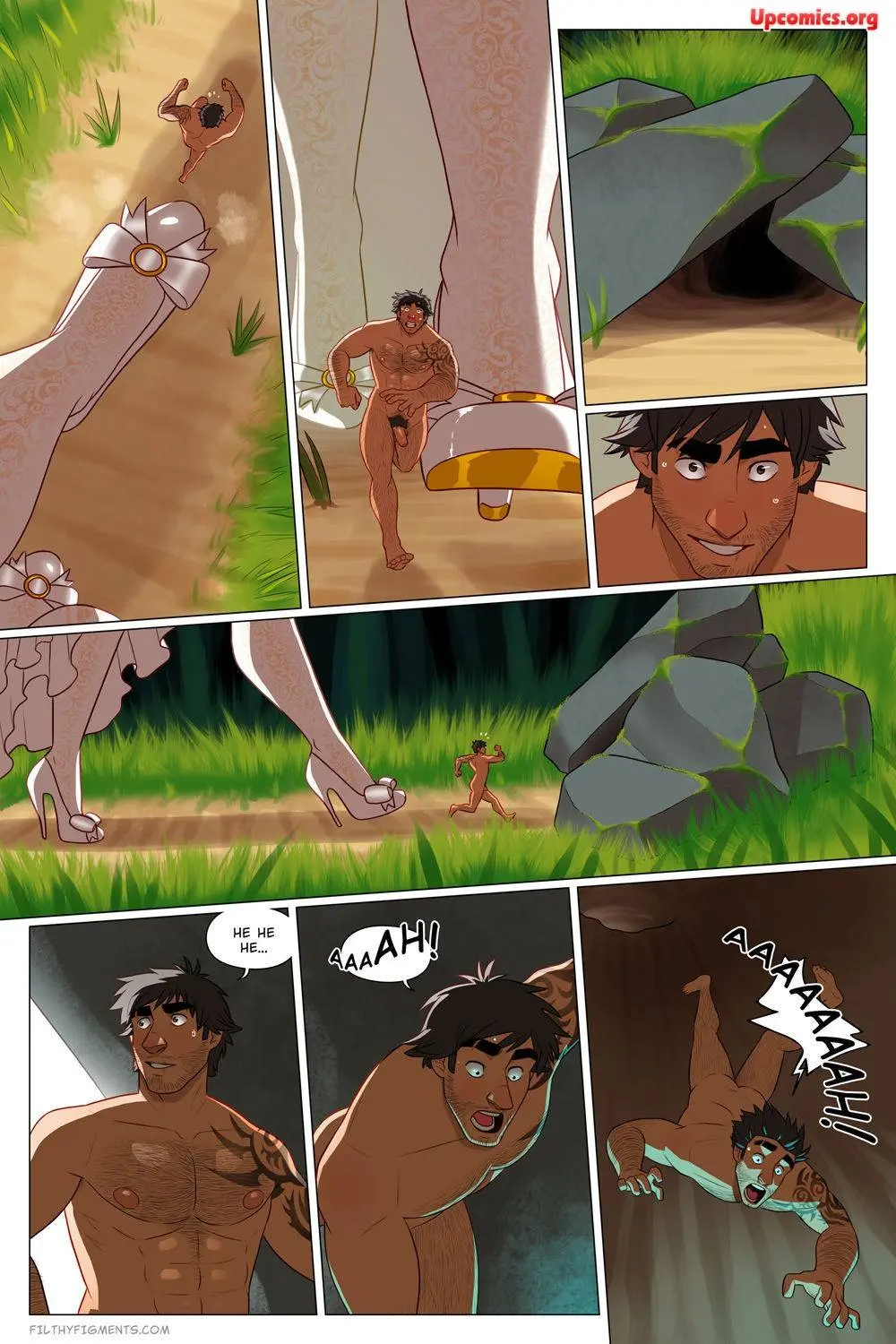 Gutsy comic featuring a muscular man shrunk and dominated by a busty catgirl and rabbit-woman