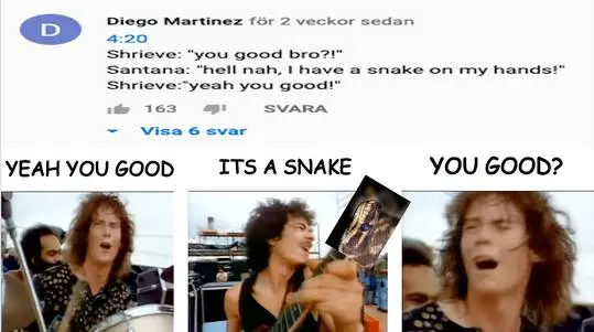 Santana guitar meme featuring a YouTube comment and musicians on an outdoor stage with a snake image