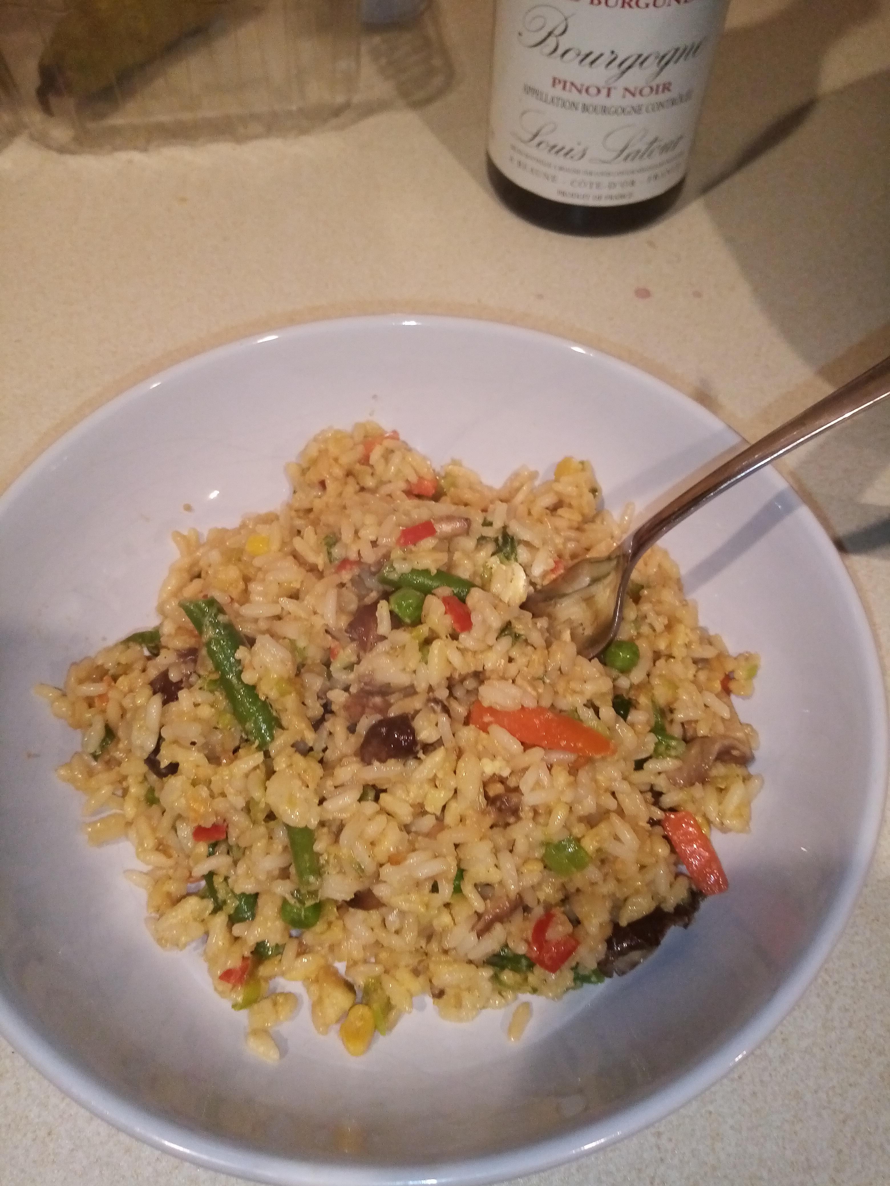 Homemade egg fried rice. Rice, spring onion, garlic, ginger, chilli