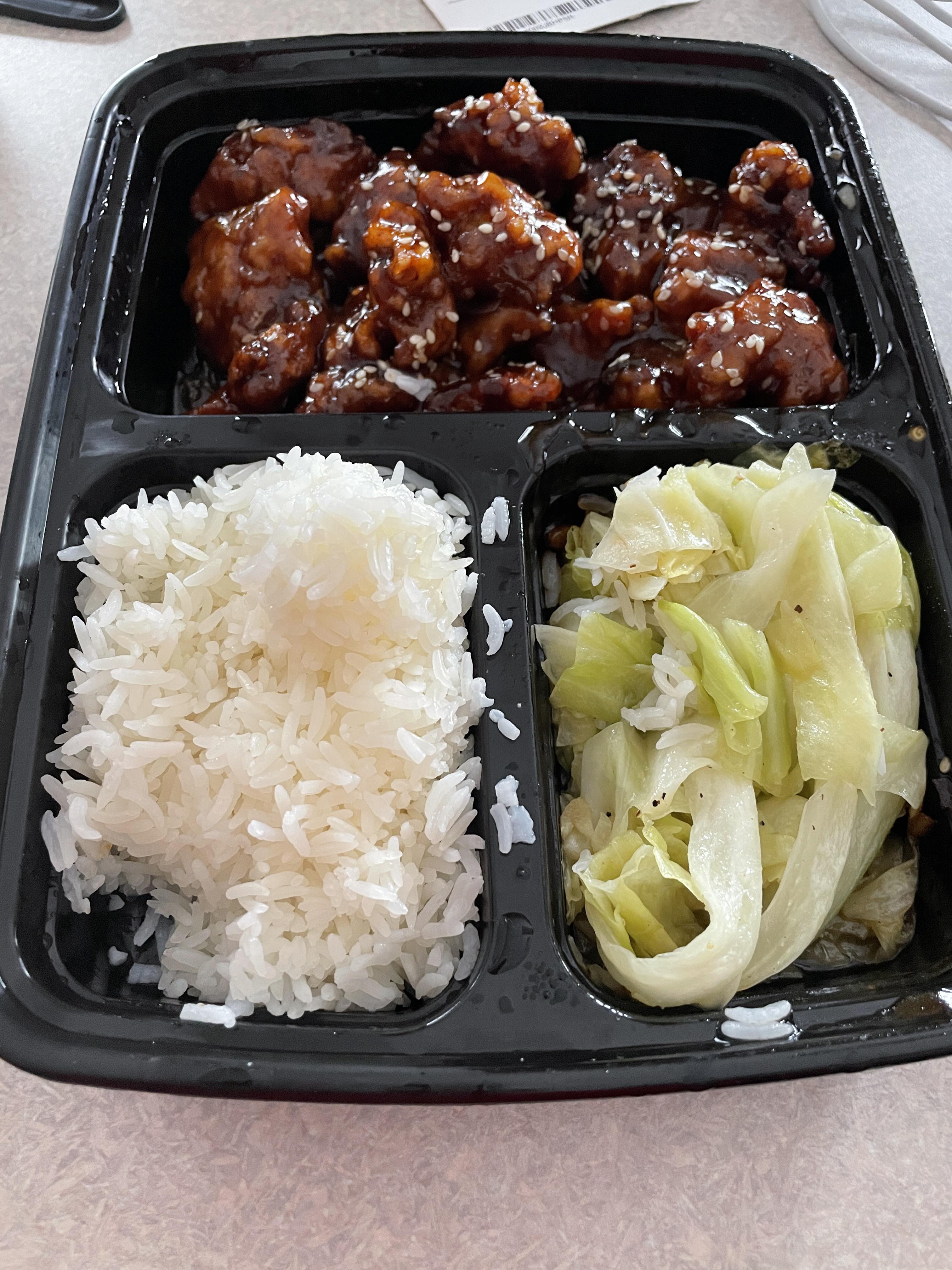 Homemade General Tso Chicken with White Rice and Cabbage. Scrolller