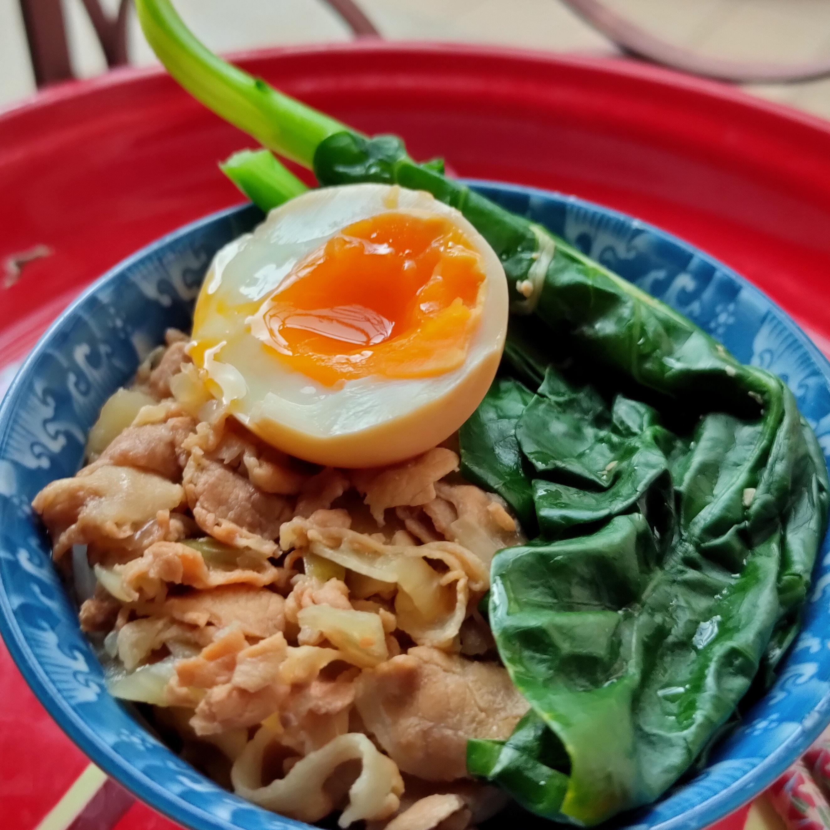 homemade-japanese-style-pork-bowl-aka-butadon-with-blanched-kailan-in