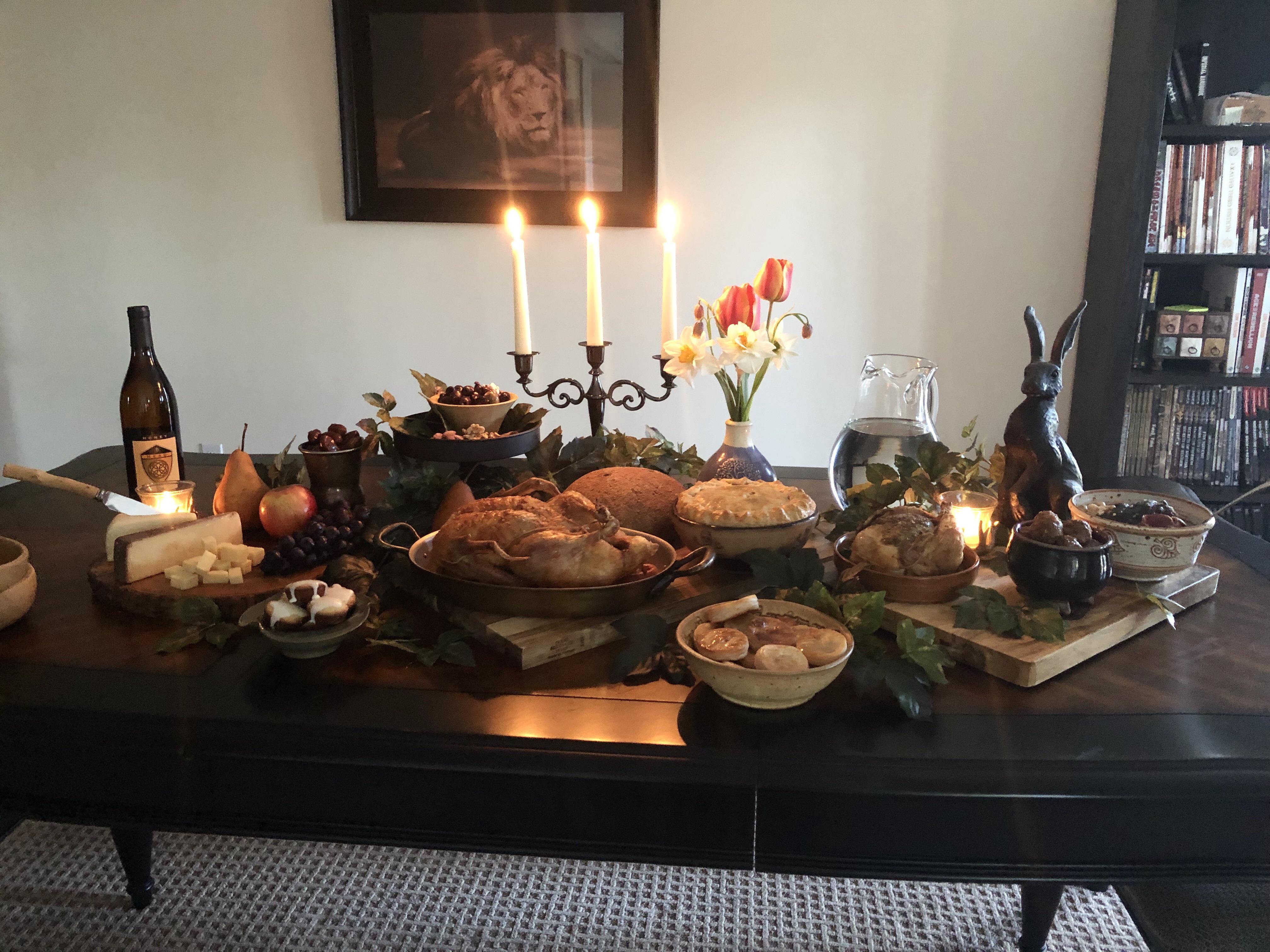 [Homemade] Medieval feast with roast duck, wild boar meatballs, herbed ...