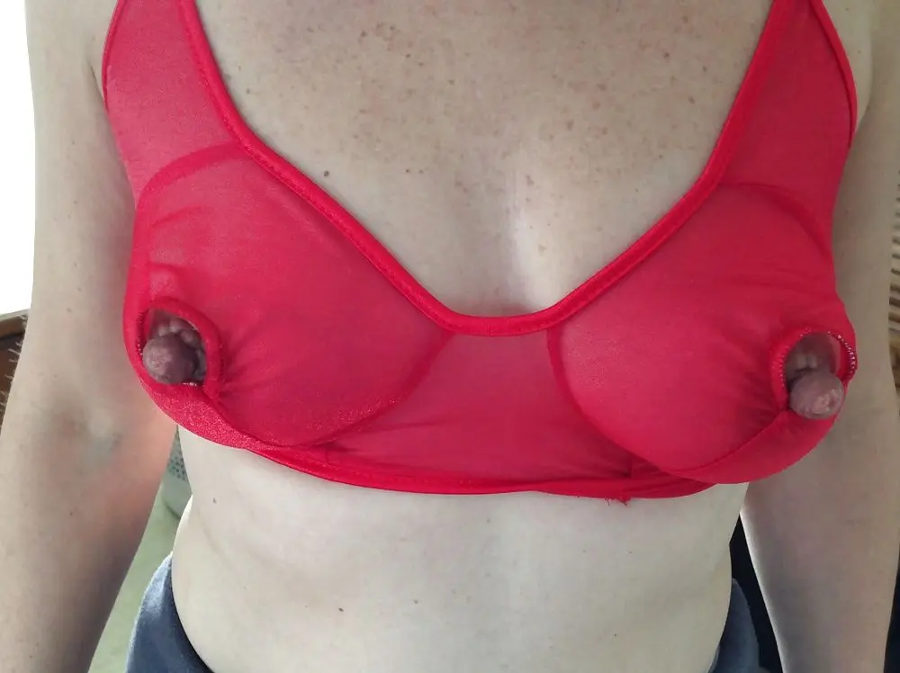 Busty brunette woman in open tip nursing bras showcasing big nipples and prominent areolas