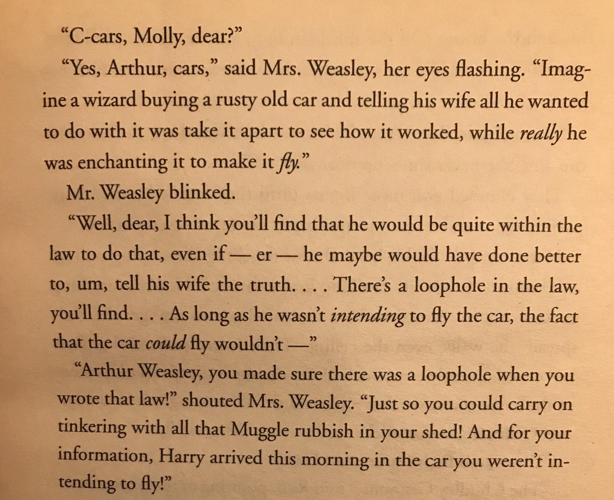 I like that Arthur Weasley loves Muggle stuff enough to intentionally