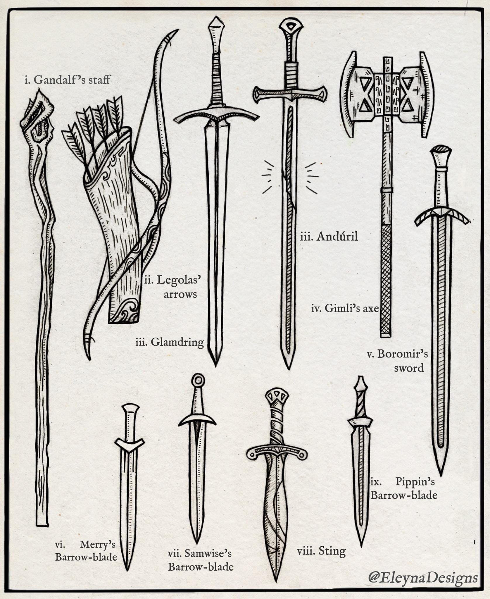 I took a swing at drawing the weapons of the Fellowship!! | Scrolller