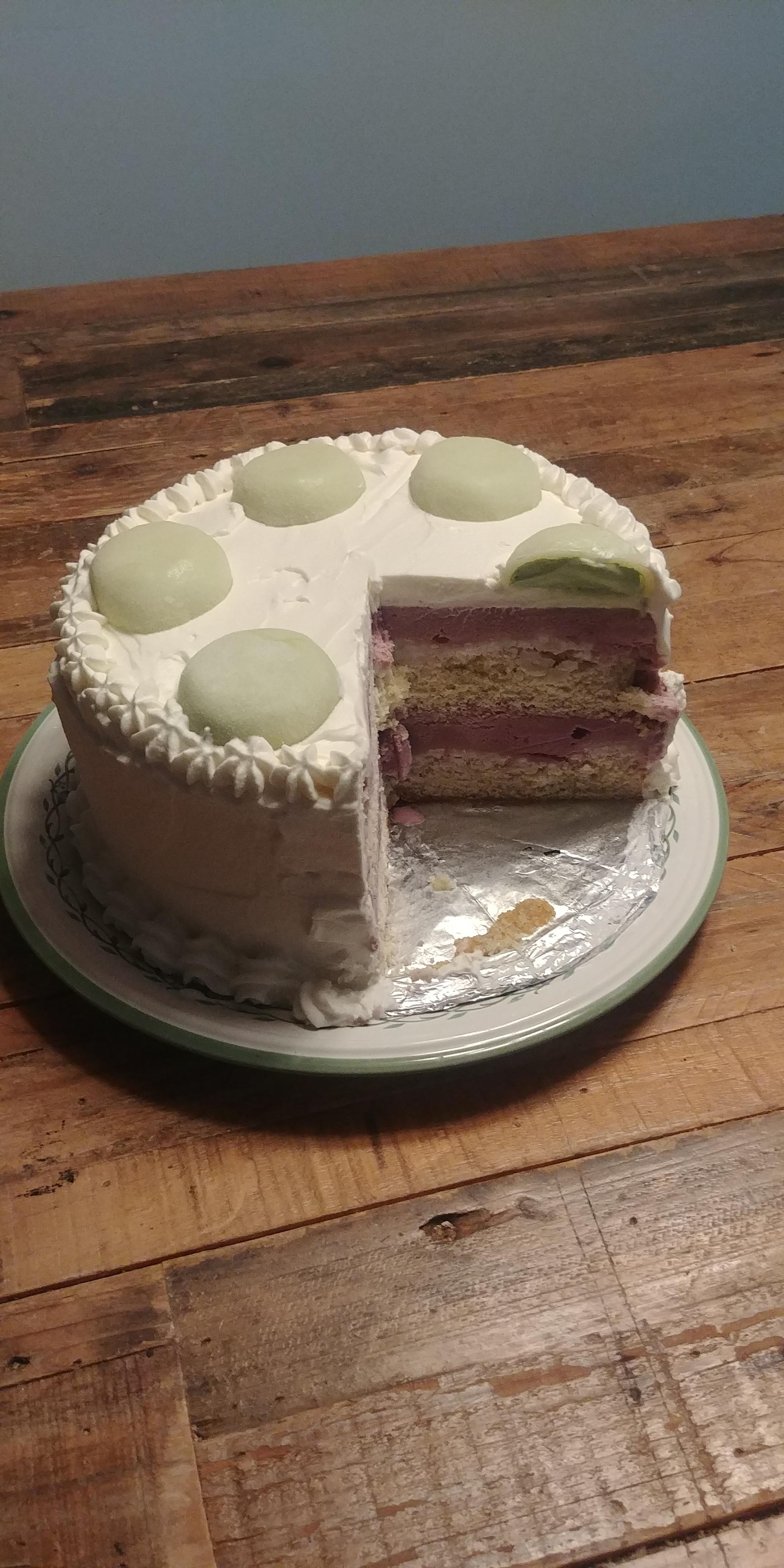 Ice cream cake. All from TJ. Vanilla cake mix, rice pudding w/toasted