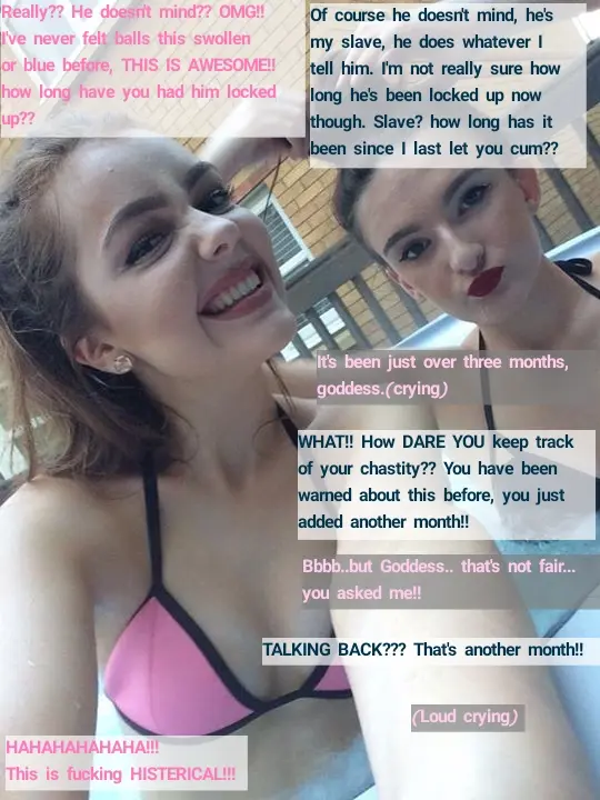 Femdom foot fetish and male chastity captions featuring brunette and redhead women in various outfits
