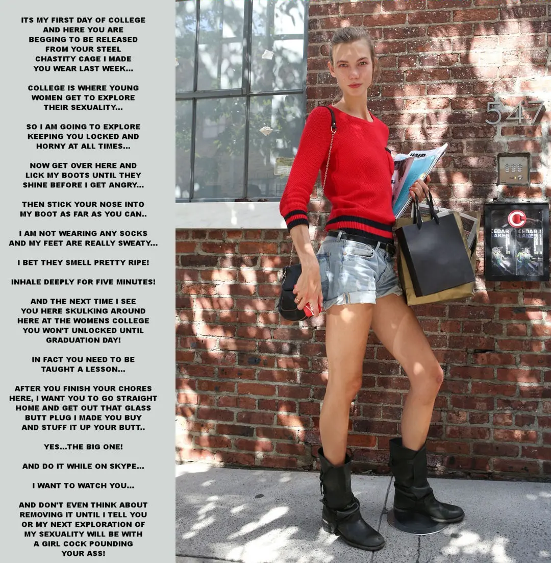 Femdom foot fetish and male chastity captions featuring brunette and redhead women in various outfits
