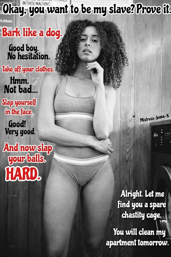 Femdom foot fetish and male chastity captions featuring brunette and redhead women in various outfits